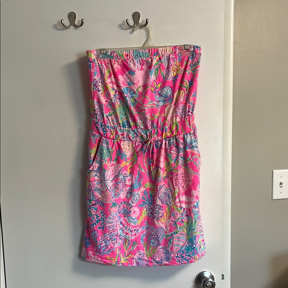 Lilly Pulitzer Pink and Blue Strapless dress with pockets